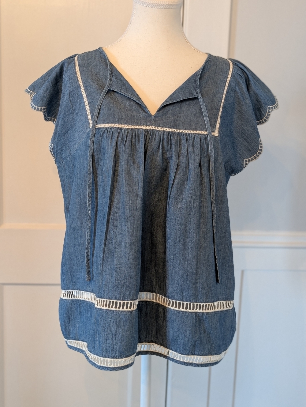 Chambray Peasant Top with Crochet Trim
